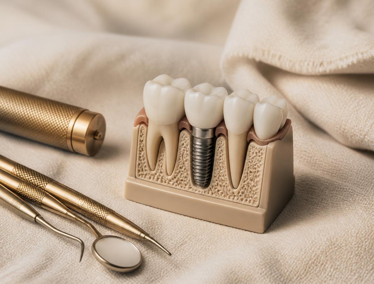 Modelo de implante dentário e instrumentos odontológicos