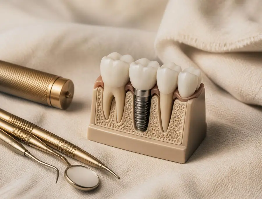 Modelo de implante dentário e instrumentos odontológicos