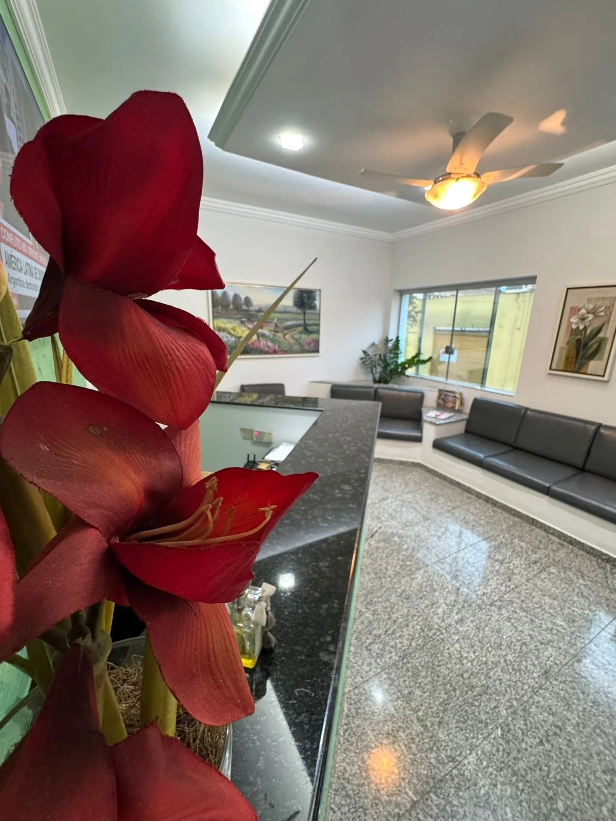 Ambiente de recepção da Clínica Fonseca com arranjo de flores